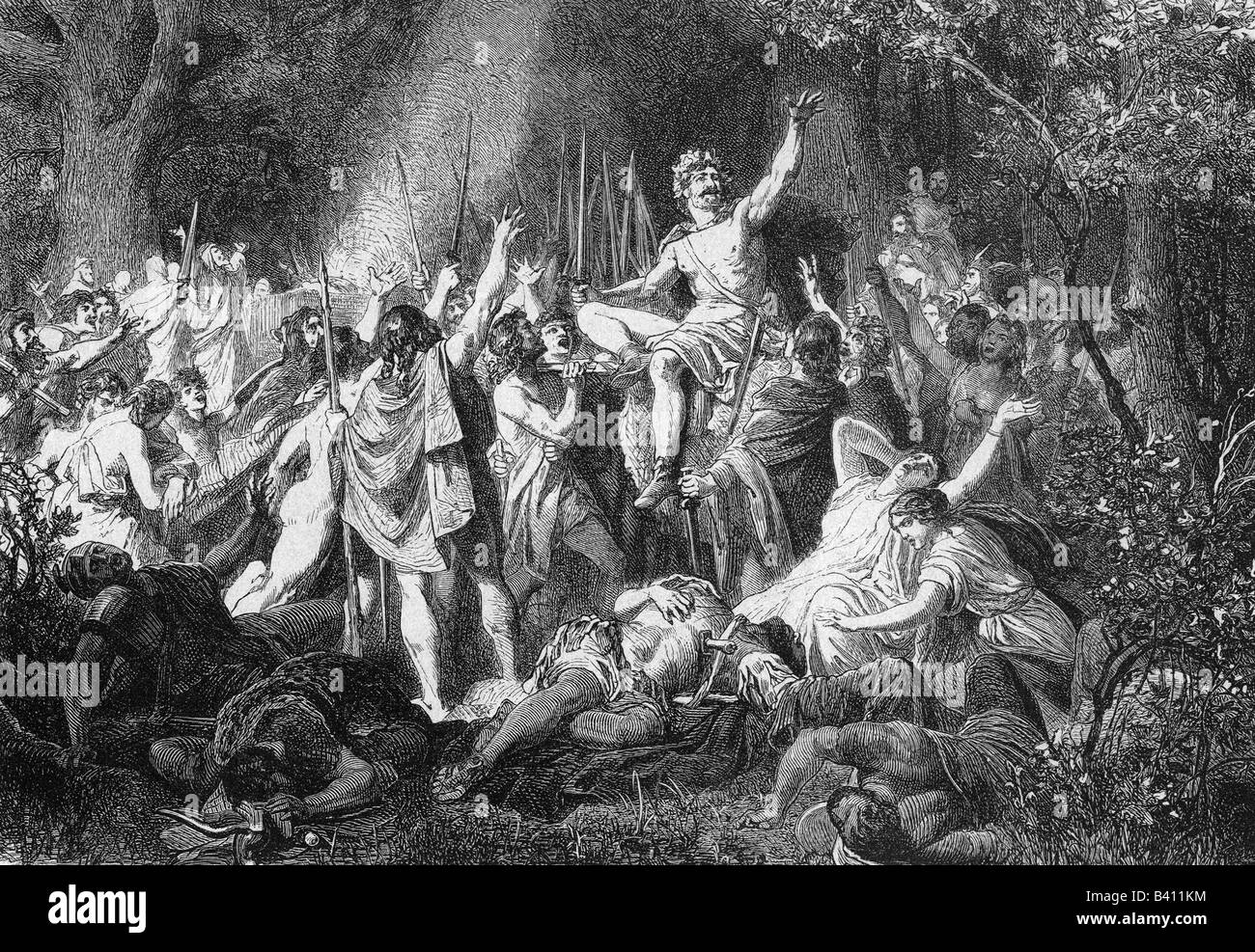 Arminius (Hermann), circa 17 a.C. - circa 21 d.C., dopo la battaglia contro Germanico, Teutoburg Forest, triomphal parade, 9 d.C., incisione storica del legno, 19th secolo, Foto Stock