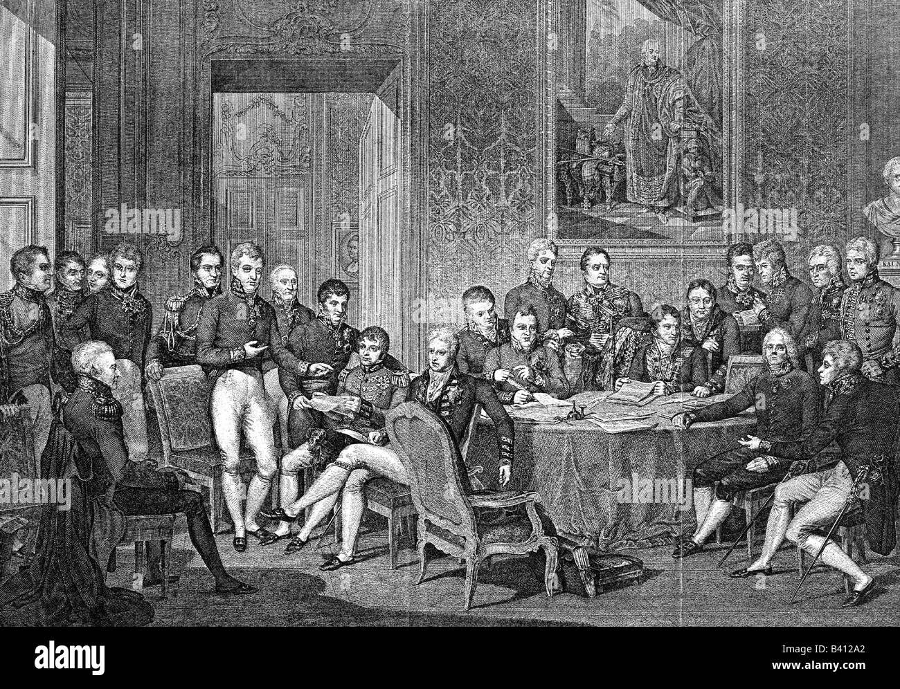 Politica, conferenza, Congresso di Vienna, 18.9.1814 - 9.6.1815, Assemblea dei delegati, 1814, incisione in rame di Jean Godefroy, 1819, dopo Jean-Baptiste Isabey, Arthur Wellesley, 1st Duca di Wellington (Gran Bretagna), Joaquim Lobo da Silveira, 7th Conte di Oriola (Portogallo), Antonio de Saldanha da Gama, Conte di Santo Portogallo (Portogallo) Conte Carl Loewenhielm (Svezia), Jean De Noailles, 5th Duca Di Noailles (Francia), Principe Klemens Von Metternich (Austria), Andre Dupin (Francia), Conte Karl Nesselrode (Russia), Pedro De Sousa Holstein, 1st Duca Di Faial E, Foto Stock