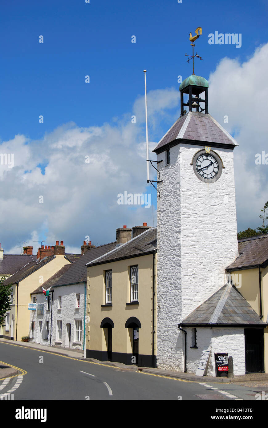 Clock Tower, King Street, Laugharne, Carmarthenshire, Wales, Regno Unito Foto Stock