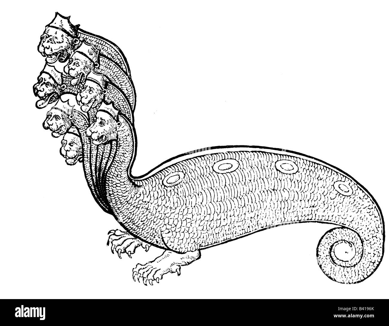 Superstizione, creature mitiche, serpente d'acqua a sette teste (Hydra mostruosa), legno tagliato, 'Historia animalium' di Conrad Gesner, volume 4th, 'Piscium et aquatilium animantium natura', 1558, , Foto Stock