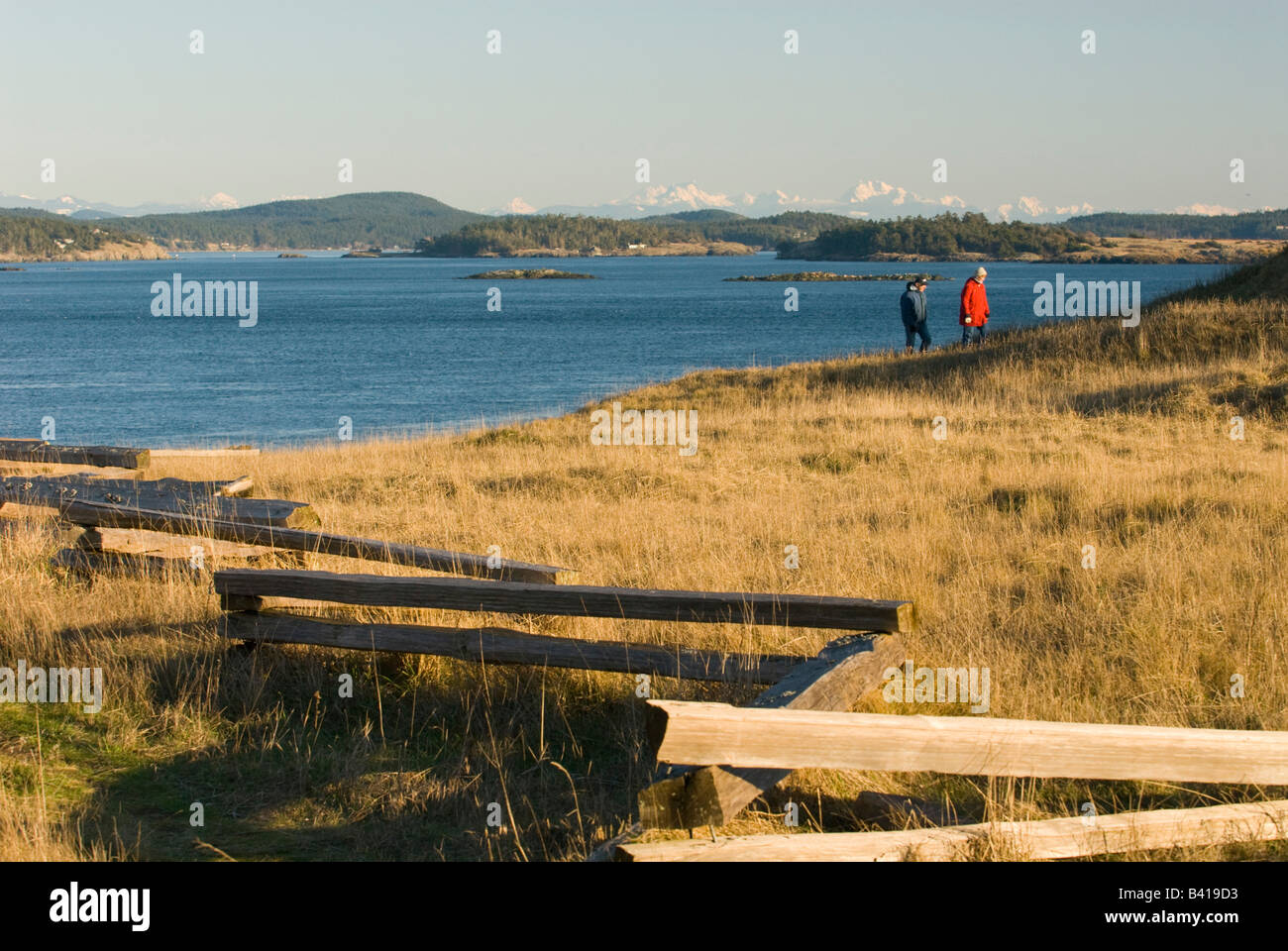 Stati Uniti d'America, WA, San Juan Island. Punto di bestiame park fornisce indicazioni interpretative per l'istruzione Foto Stock
