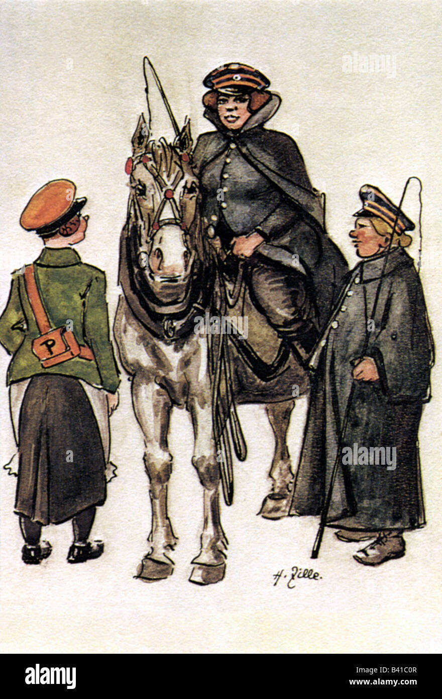 Posta, postillion, postillion femminile, caricatura, disegno di Heinrich Zille (1858 - 1929), Foto Stock