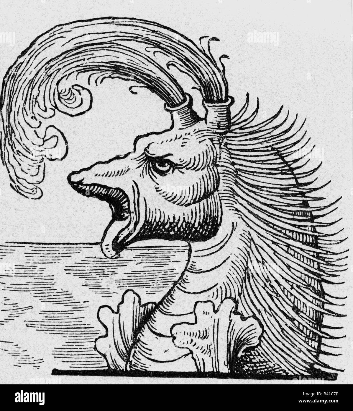 Superstizione, creature mitiche, 'che pregano o soffiano il wale', woodcut, 'Historia animalium' di Conrad Gesner, volume 4th, 'Piscium et aquatilium animantium natura', 1558, , Foto Stock