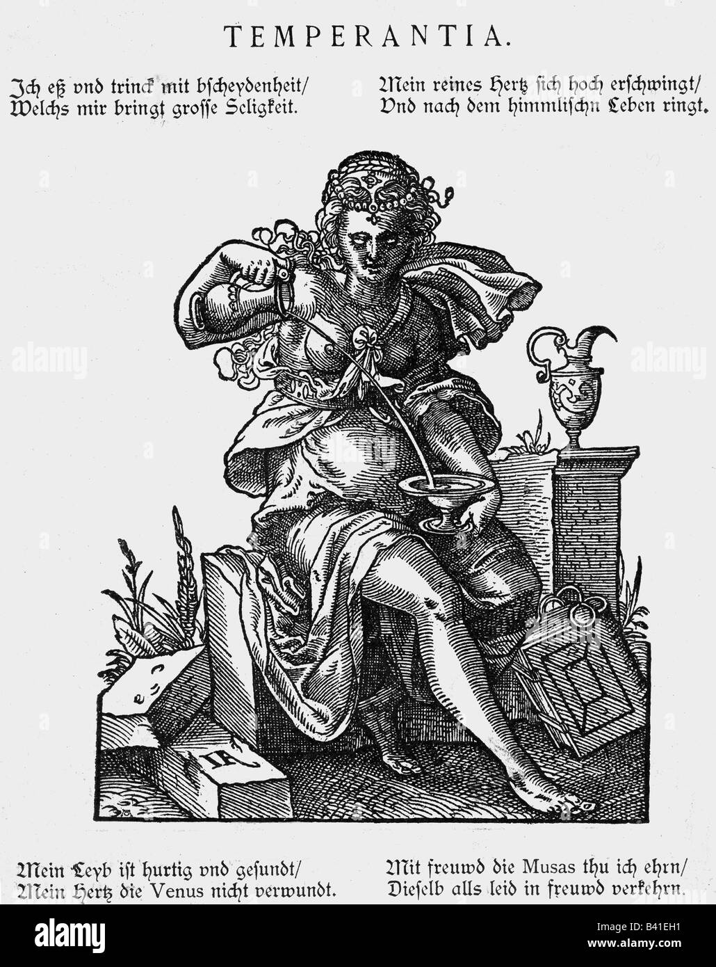 Allegorie, virtù, 'Temperance' (Temperantia), in legno di Jost Amman, Francoforte sul principale, 1599, , Foto Stock