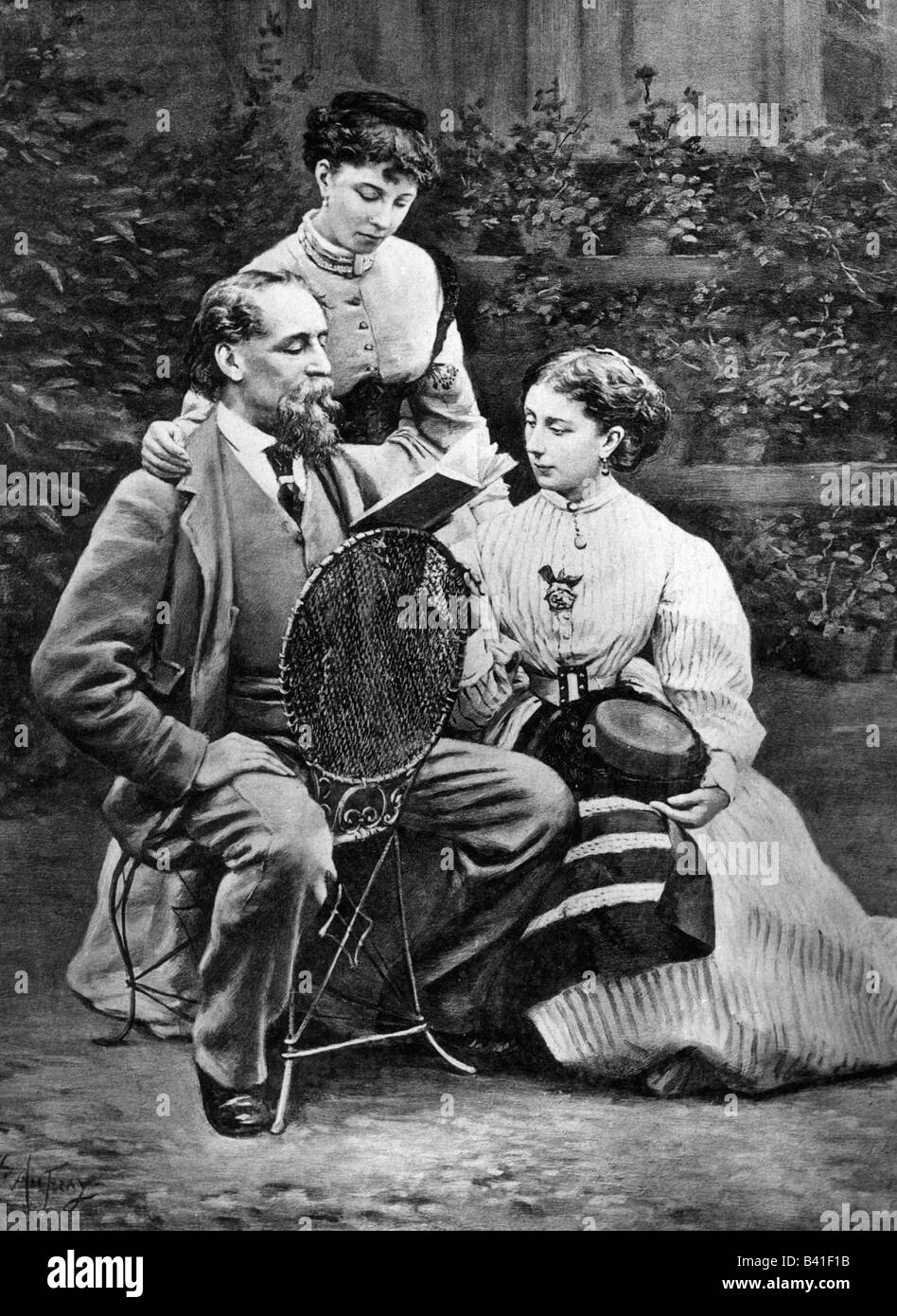 Dickens, Charles, 7.2.1812 - 9.7.1870, autore/scrittore inglese, con la figlia Kate e Marie nel giardino, Gads Hill Place, 1865, Foto Stock