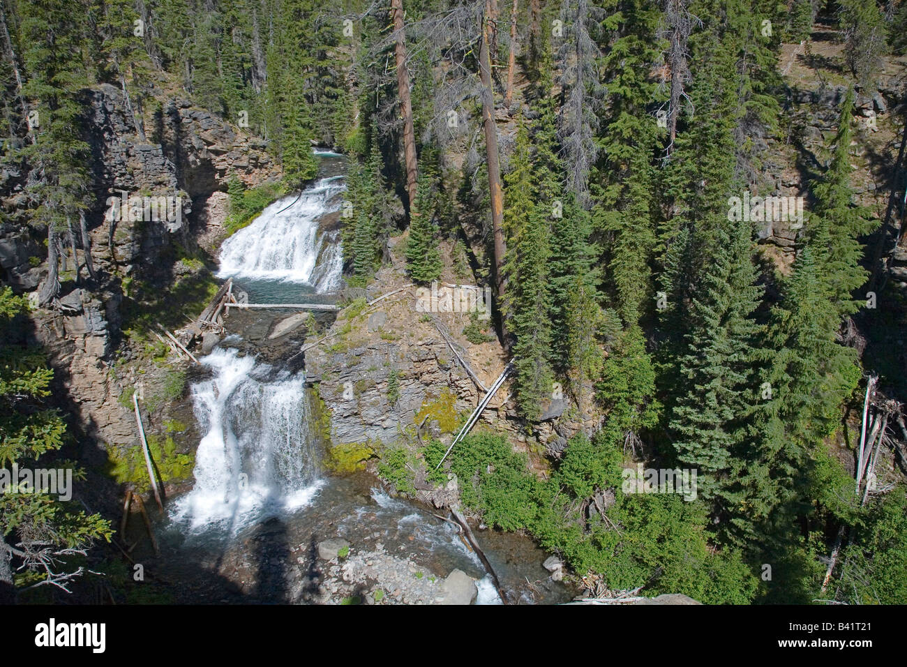 Una doppia cascata lungo la North Fork Trail vicino Tumalo scende in basso Le Cascade Mountains vicino a curvatura Oregon Foto Stock