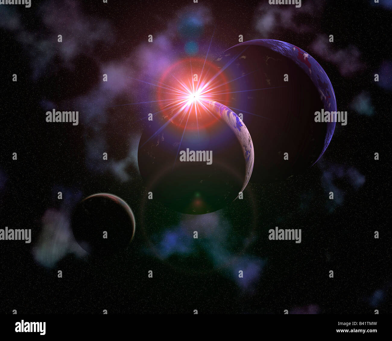 Un lontano il sorgere del sole al di sopra di un pianeta nel suo sistema solare Foto Stock