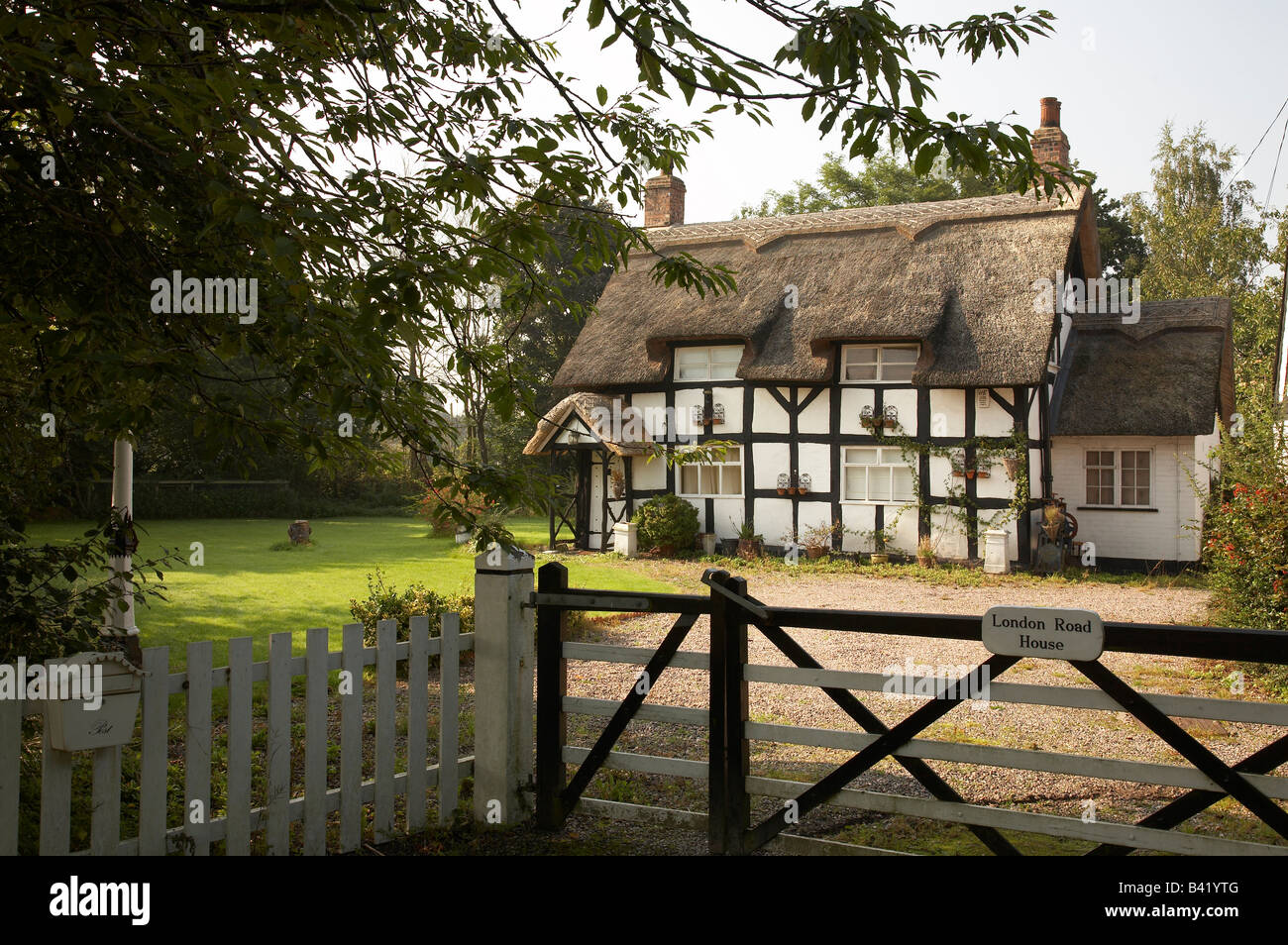 Cottage con il tetto di paglia con giardino tra Holmes Chapel e Knutsford nel Cheshire Regno Unito Foto Stock