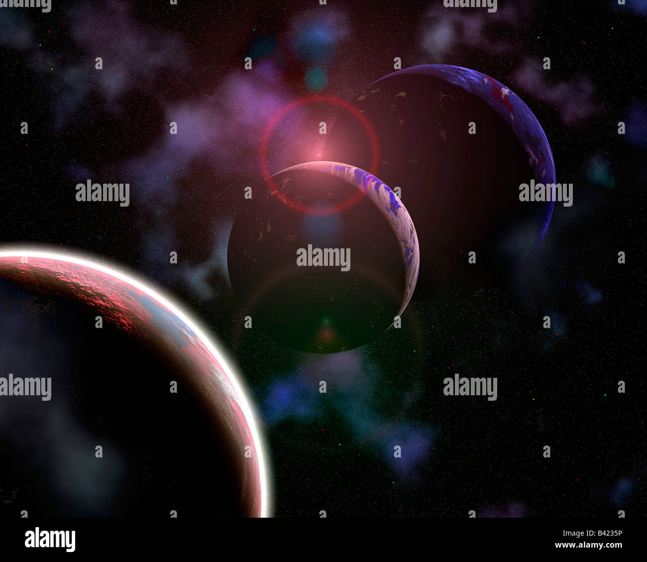 Un lontano il sorgere del sole al di sopra di un pianeta nel suo sistema solare Foto Stock