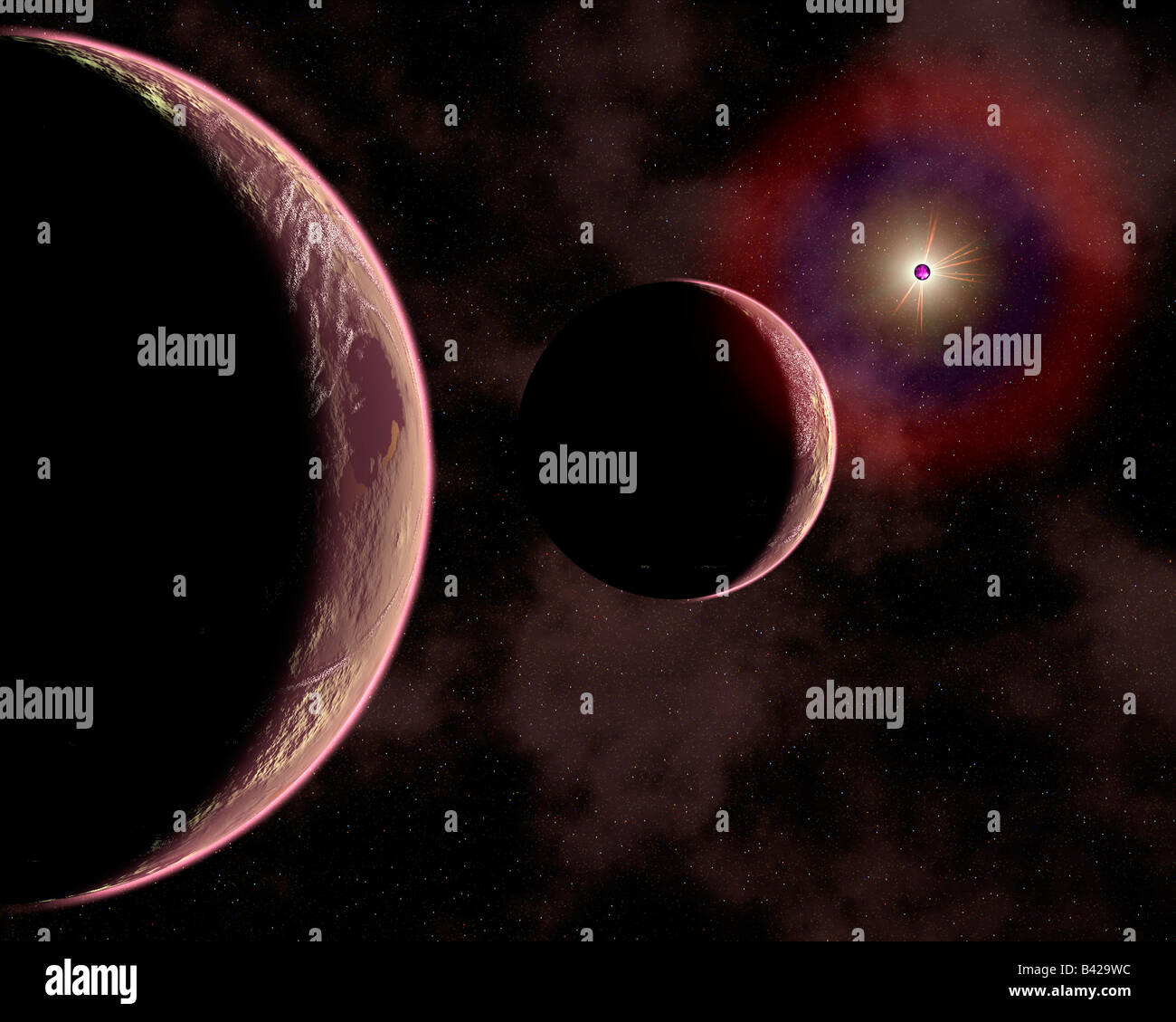 Lontano rosso alieno pianeti in orbita intorno a una stella producendo un alone colorato. Foto Stock
