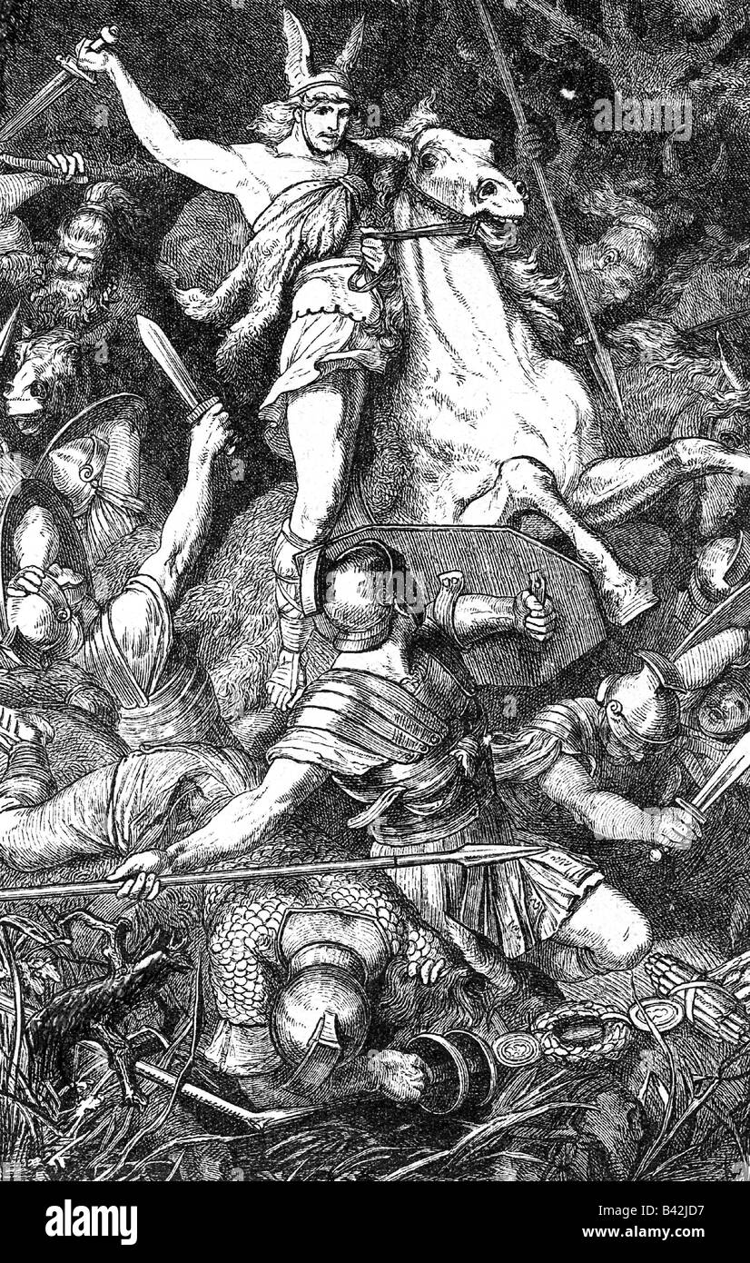 Arminius (Hermann), circa 17 a.C. - circa 21 d.C., dopo la battaglia contro Germanico, Foresta di Teutoburg, 9 d.C., incisione storica del legno, 19th secolo, Foto Stock