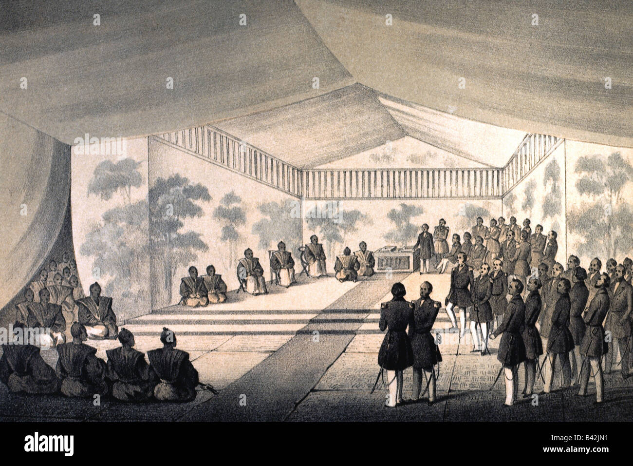 Geografia / viaggio, Giappone, politica, contratto con la Gran Bretagna, litografia di Hanhart dopo la pittura di Bedwell, 1859, Foto Stock