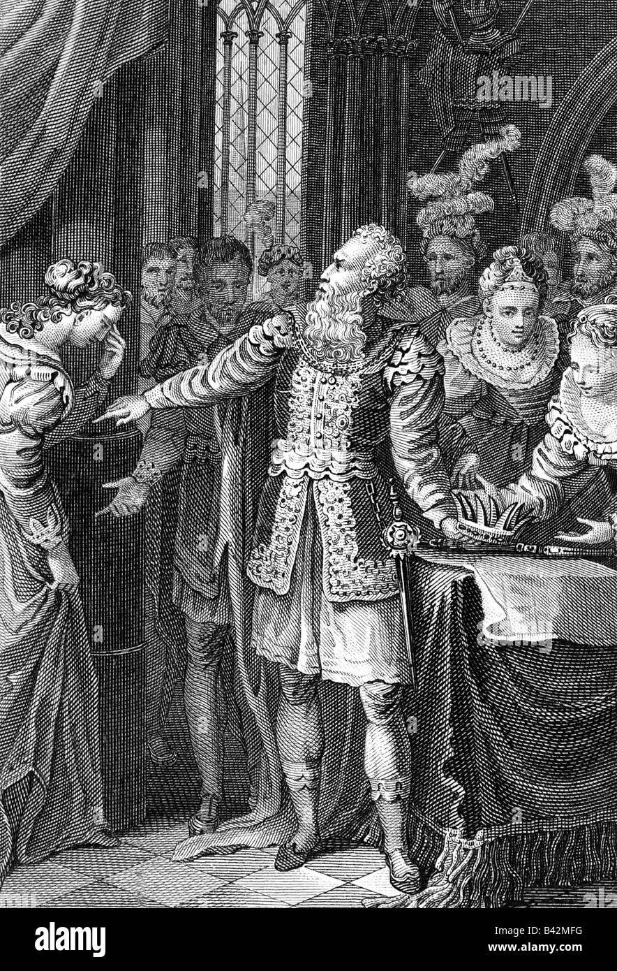 Shakespeare, William, 23.4.1564 - 23.4.1616, Inglese autore / scrittore, opere, giocare a 'Re Lear', 1° sct, prima scena, incisione su rame, XVIII secolo , artista del diritto d'autore non deve essere cancellata Foto Stock
