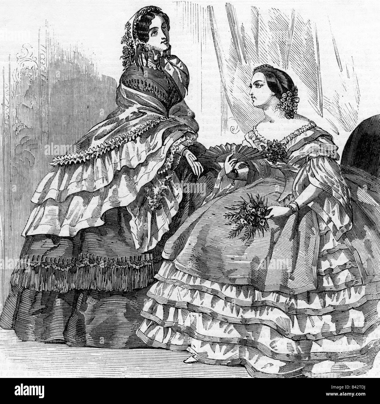 Moda, 19th secolo, moda donna, Gran Bretagna, abito da passeggiata e abito a palla, incisione in legno, Londra, 1858, Foto Stock