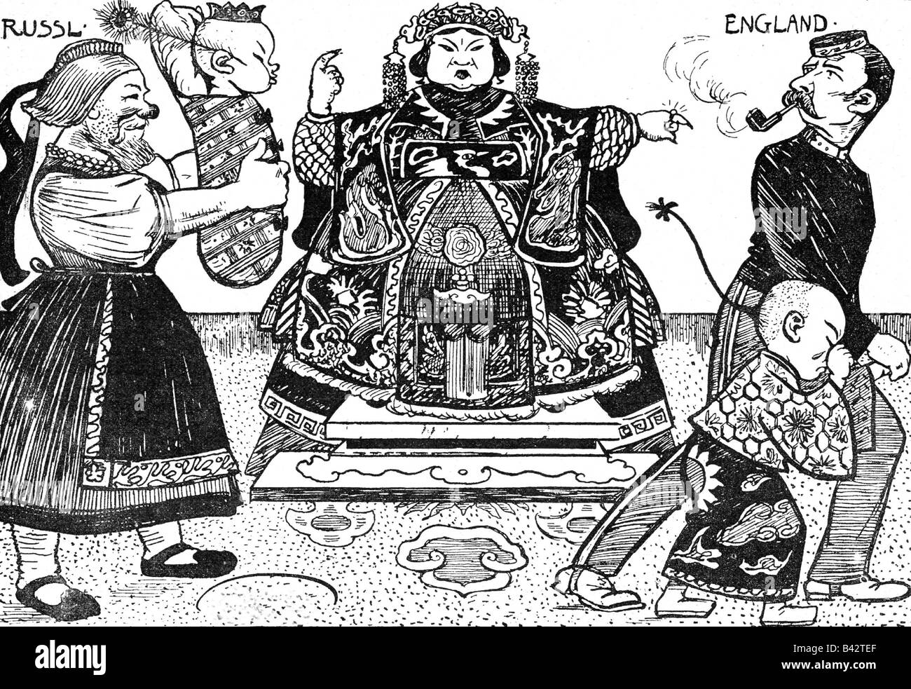 Cixi, 29.11.1835 - 15.11.1908, Empress Dowager della Cina 22.8.1861 - 15.11.1908, deponendo l'imperatore Guangxu, 1898, caricatura di Fritz Wolf, 'Die Woche', Germania, 10.2.1900, , Foto Stock