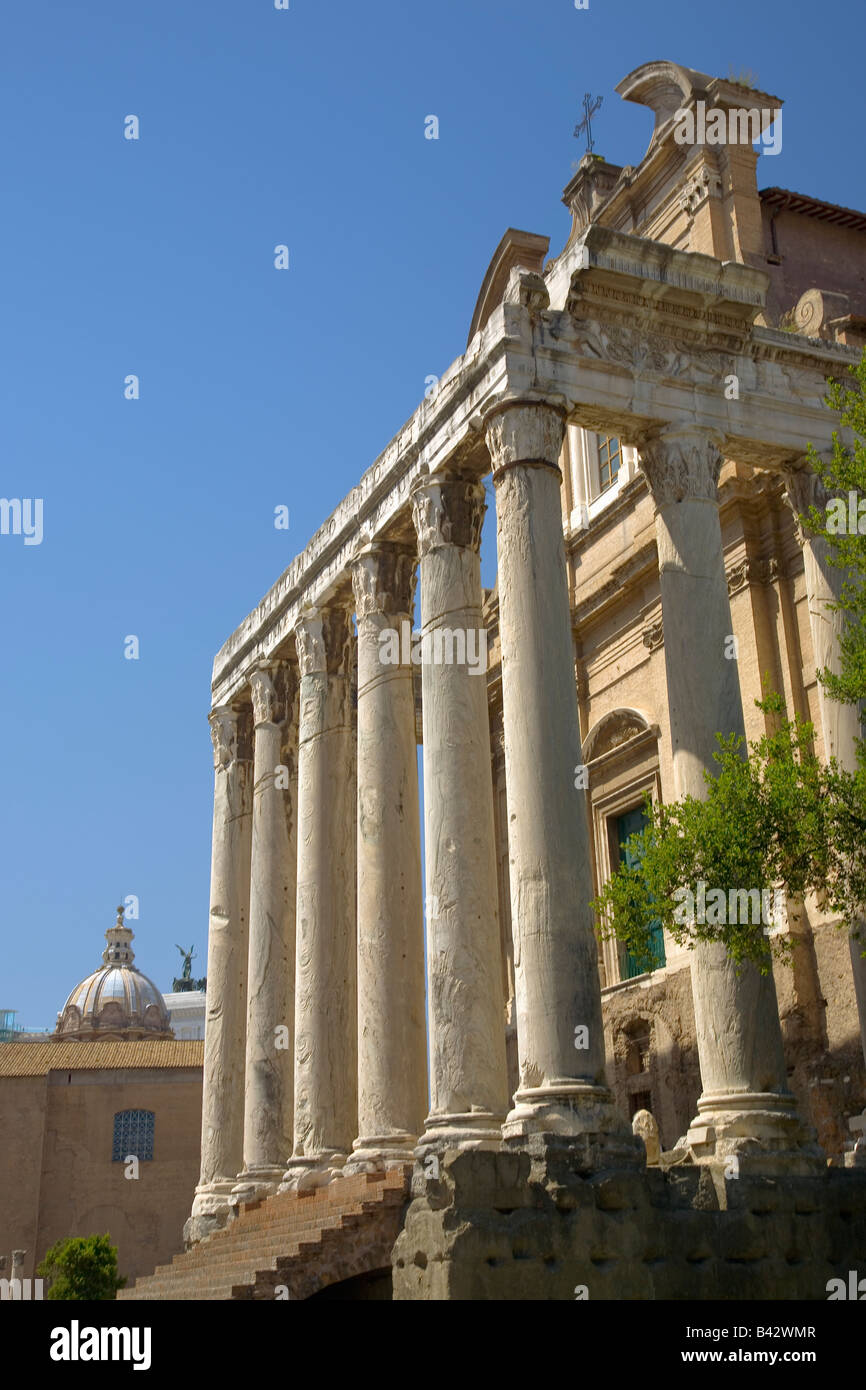 Tempio di Antonino e Faustina costruito nel 141 DC, al Foro Romano, Roma, Italia, Europa Foto Stock