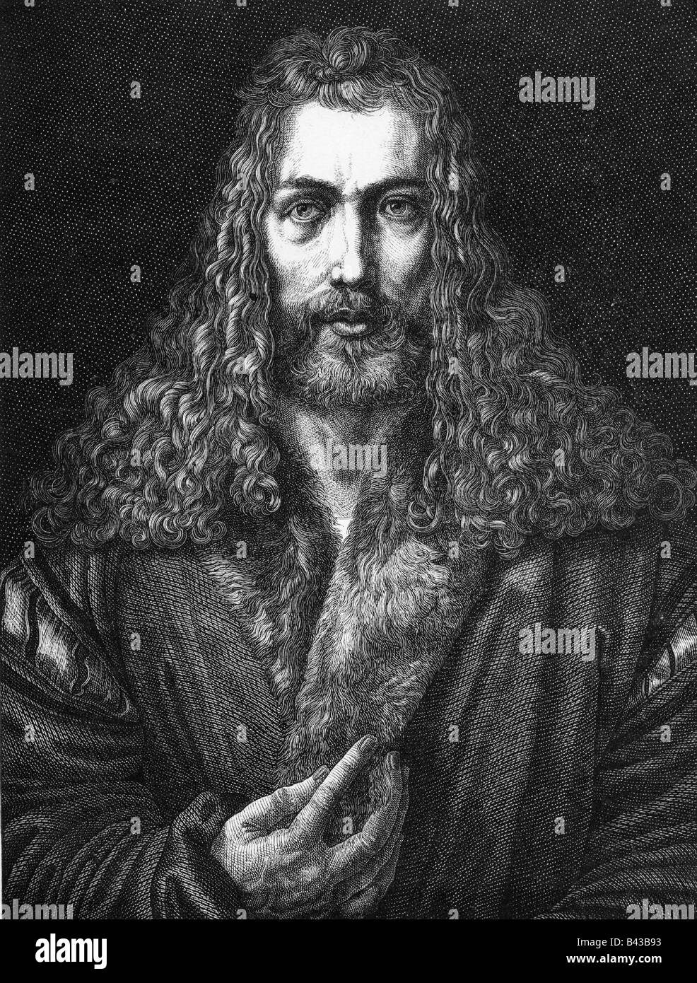 Dürer, Albrecht, 21.5.1471 - 6.4.1528, tedesco pittore e incisore, autoritratto, incisione su legno da F. W. Bader, sulla base di un disegno da Josef Schoenbrunner, artista del diritto d'autore non deve essere cancellata Foto Stock