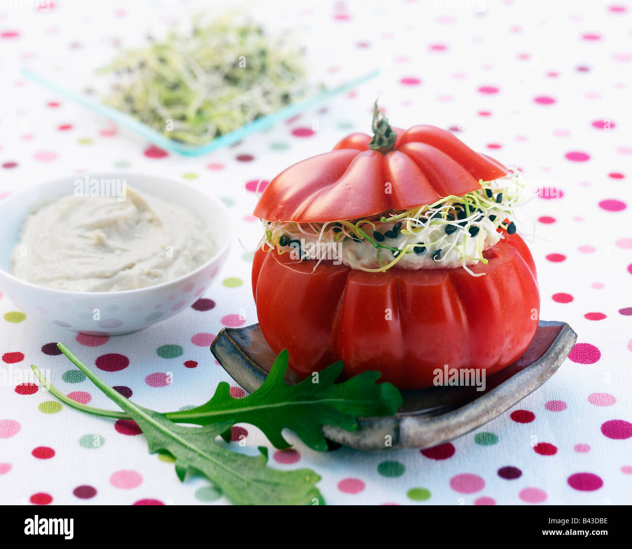 Coeur de boeuf pomodori ripieni con creme fraiche e germogliato semi di porro Foto Stock