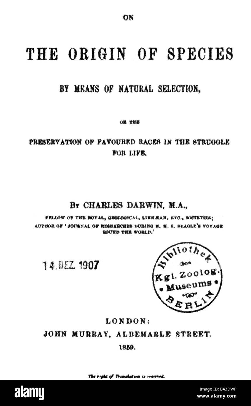 Darwin, Charles Robert, 12.2.1809 - 19.4.1882, naturalista britannico, pagina del titolo della sua opera 'l'origine delle specie', Londra 1859, copia di proprietà del Museo Zoologico di Berlino, Foto Stock