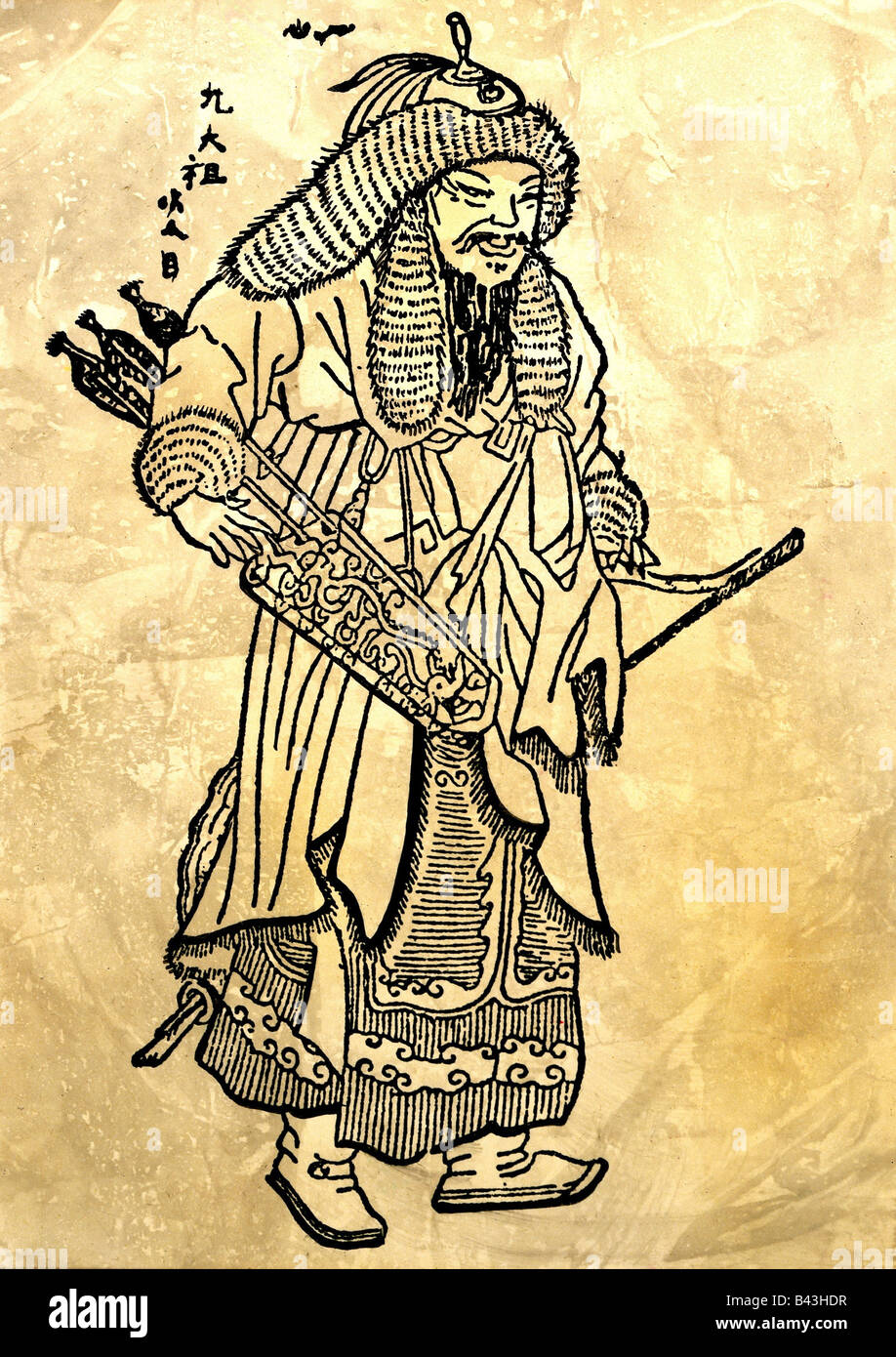 Genghis Khan, 1155 - 18.8.1227, sovrano mongolo dal 1206, fondatore dell'impero mongolo, disegnando dopo una miniatura di Chinise, Museo storico di Stato, Mosca, a tutta lunghezza, Foto Stock