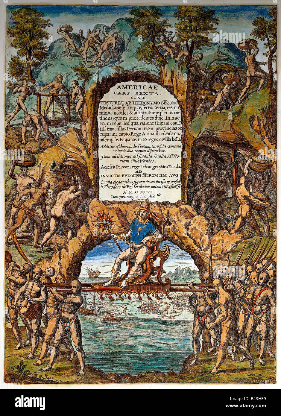 Atahualpa, ultimo imperatore Inca di 1502 - 1533, a piena lunghezza e seduto sul trono, colorato di incisione su rame, 6 libro di 'travel' da Theodor de Bry, Frankfurt am Main 1597, collezione privata, Washington, artista del diritto d'autore non deve essere cancellata Foto Stock