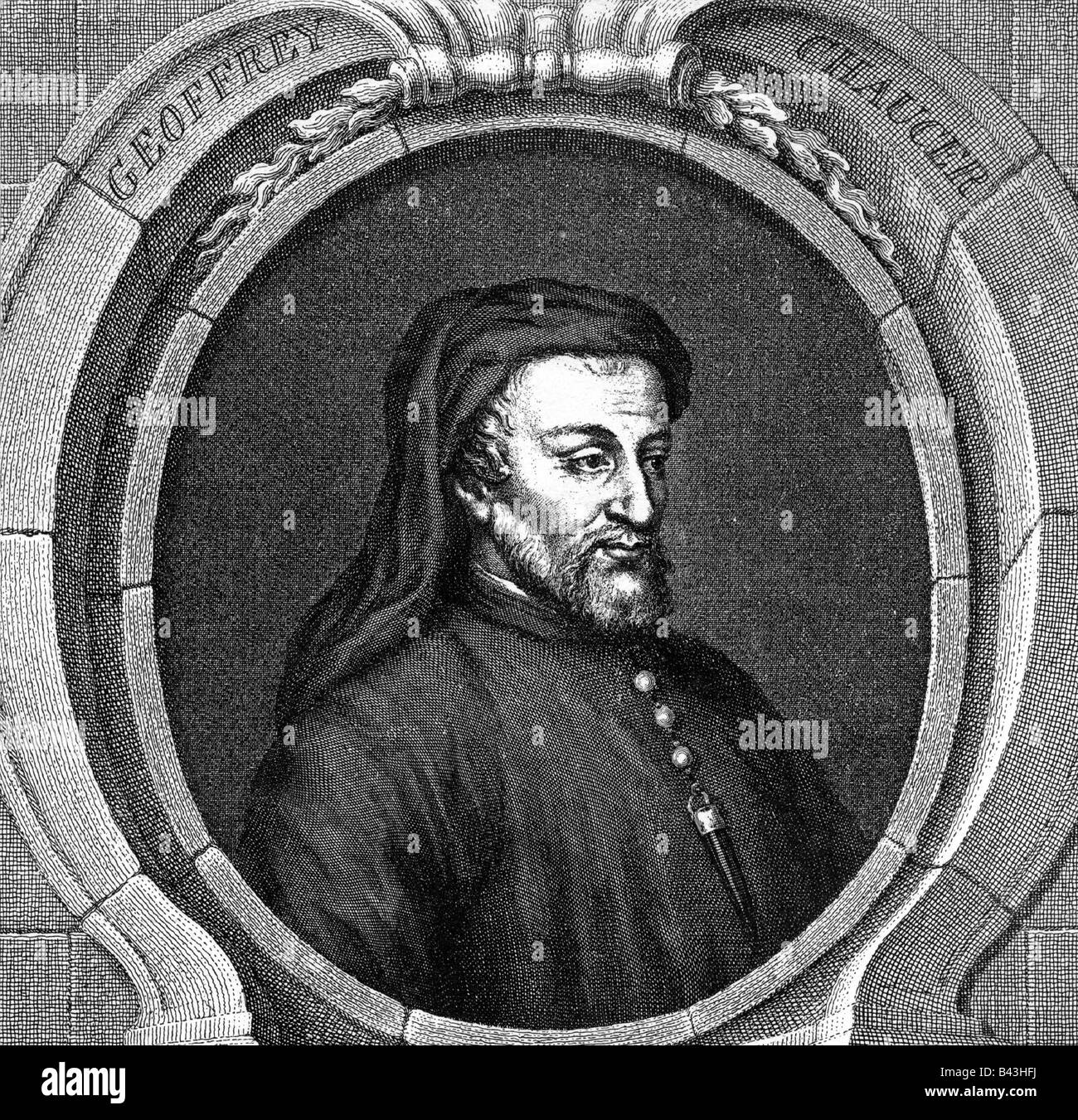 Chaucer, Geoffrey, um 1340 - 25.10.1400, Inglese autore / scrittore, ritratto, rame engravng da Jacobus Houbraken, XVIII secolo , artista del diritto d'autore non deve essere cancellata Foto Stock