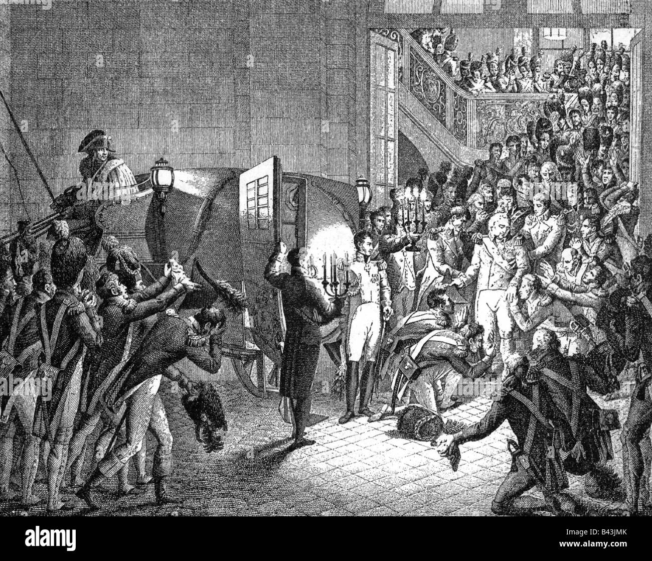 Luigi XVIII, 17.11.1755 - 16.9.1824, Re di Francia 2.4.1814 - 16.9.1824, riscossione Tuileries, 19.3.1815, incisione su rame dopo il disegno da Heim, secolo XIX, , artista del diritto d'autore non deve essere cancellata Foto Stock