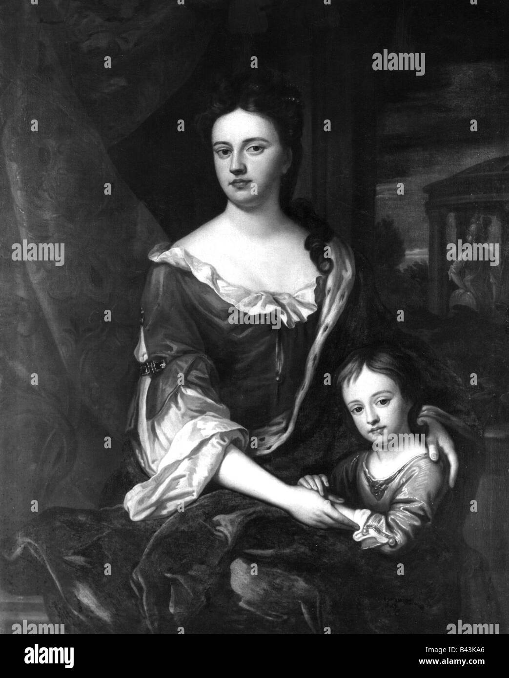Anna, 6.2.1665 - 12.8.1714, Regina di Gran Bretagna 26.3.1707 - 12.8.1714, a mezza lunghezza, con il Duca di Gloucester, pittura, Foto Stock