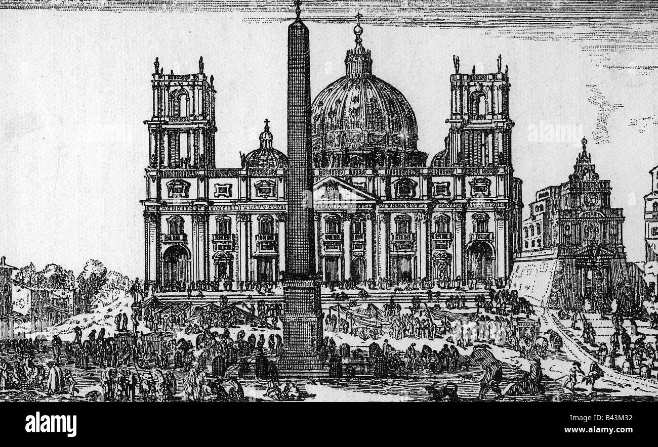 Geografia / viaggio, Italia, Roma, chiese, cattedrale di San Pietro, vista esterna, incisione, inizio 17th secolo, storico, storico, Europa, Vaticano, San Pietro`s, piazza, cupola, obelisco, chiesa, mercato, Patrimonio Mondiale dell'UNESCO / Siti, persone, Foto Stock