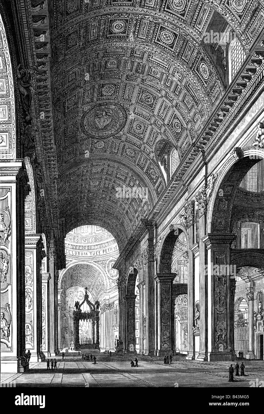 Geografia / viaggio, Italia, Roma, chiese, Basilica di San Pietro, vista interna, navata centrale, incisione, 19th secolo, storico, storico, Europa, vaticano, Basilica di San Pietro in Vaticano, San Pietro, architettura, papato, edificio, edifici, chiesa, cattedrale, lastra ad arco, UNESCO, Patrimonio Mondiale dell'Umanità, persone, Foto Stock