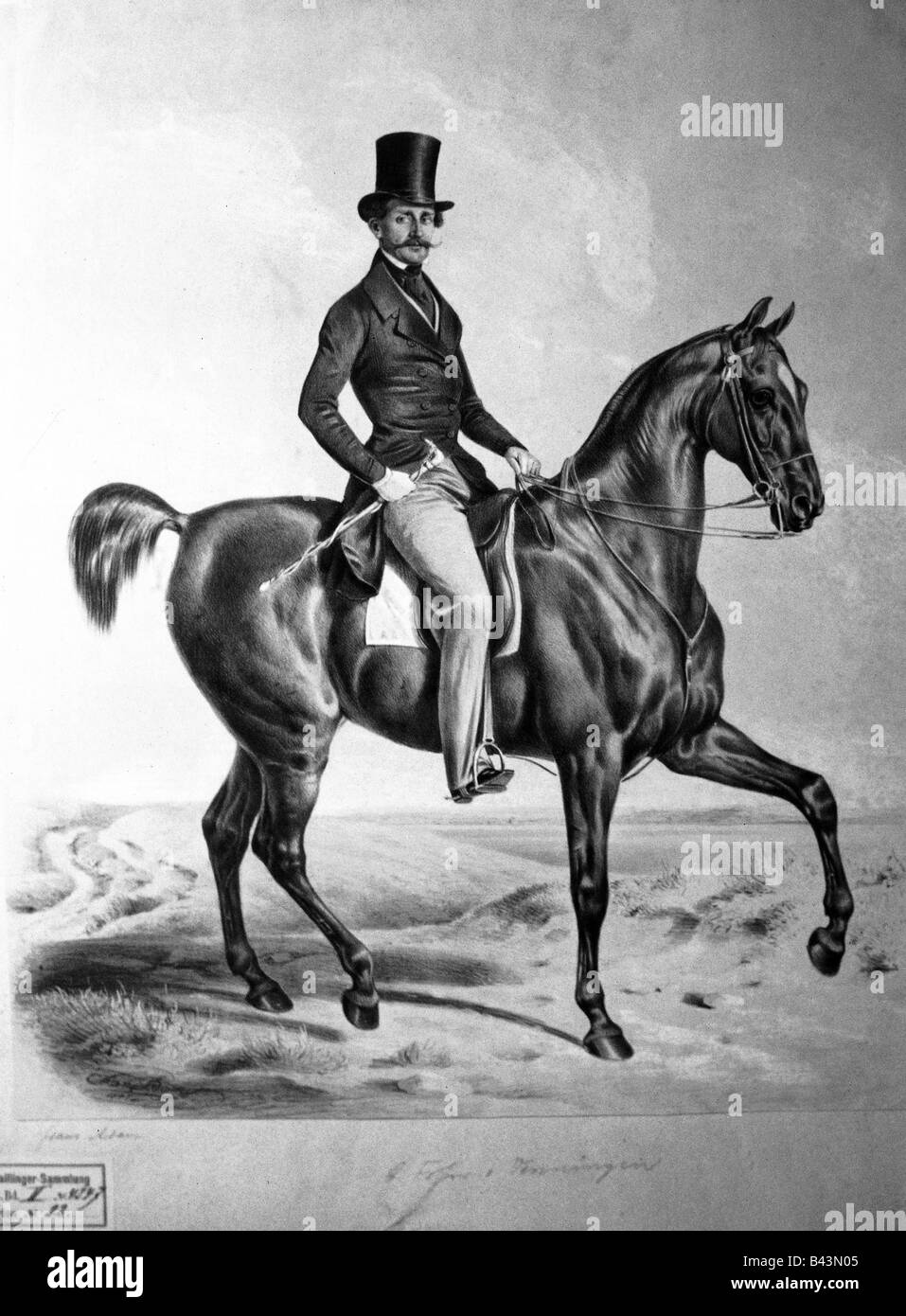sport, equitation, elegante uomo a cavallo, incisione, 19th secolo, moda, tailcoat, cappello, frusta, hosrse, storico, storico, persone, Foto Stock