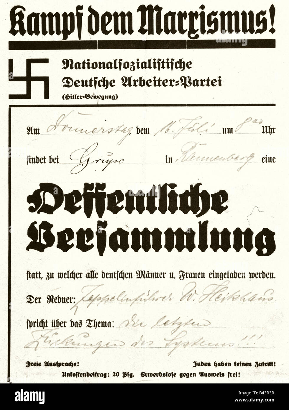 Geografia/viaggio, Germania nazista, politica, partiti, NSDAP, annuncio di un incontro pubblico a Ranneberg, Bassa Sassonia, 16.7.1931, poster, , Foto Stock