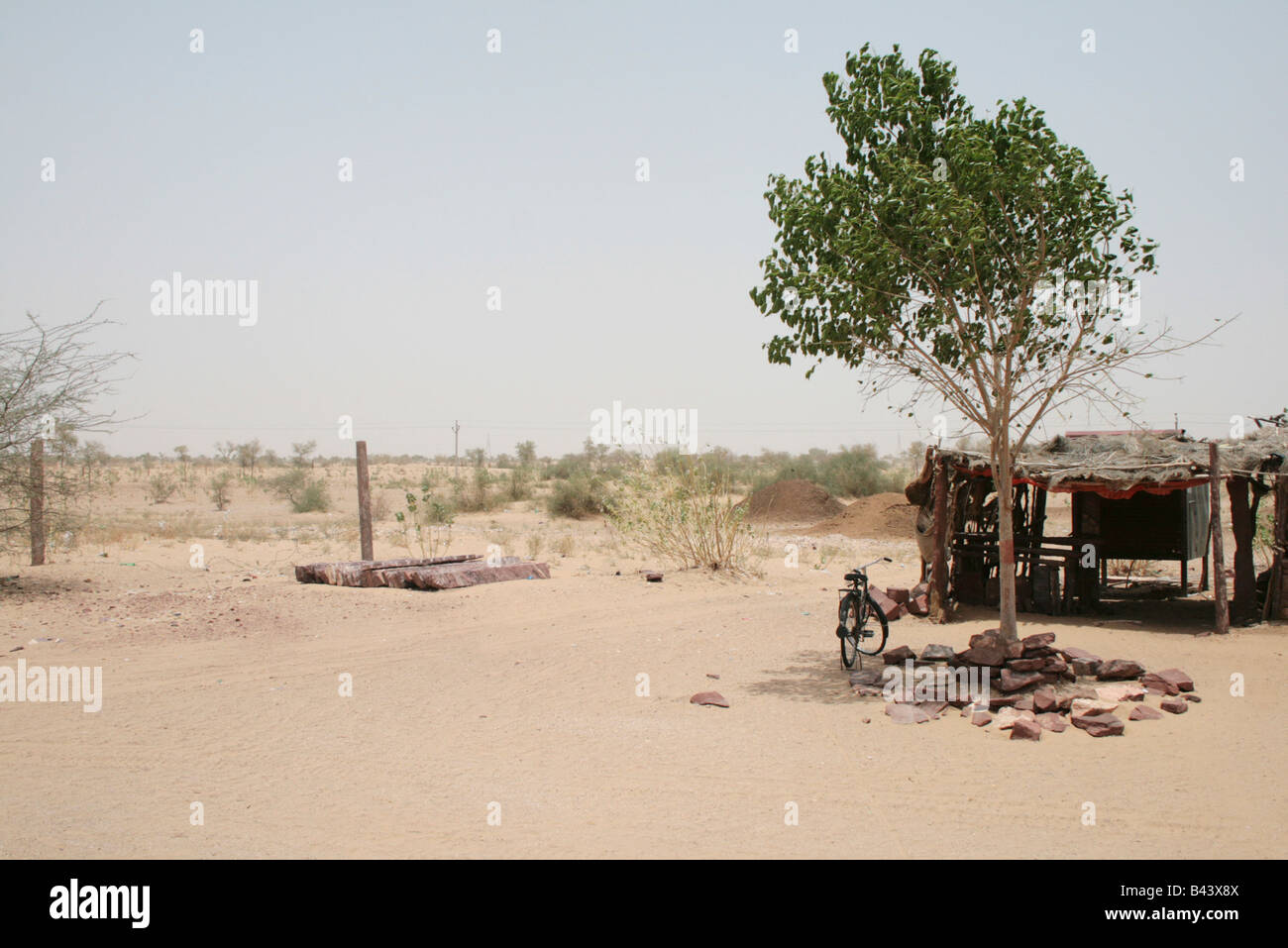 Un piccolo stagno baracca nel deserto di Thar, India Foto Stock