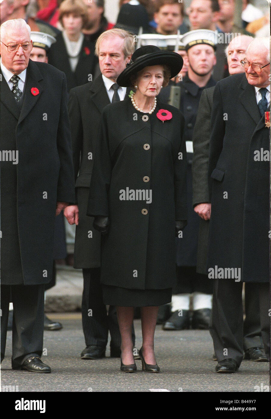 Margaret Thatcher ex Primo Ministro Signore James Callaghan Rev Ian Paisley MP e Peter Lilley MP a ricordo domenica sfilata il Cenotafio Whitehall London 1995 Foto Stock