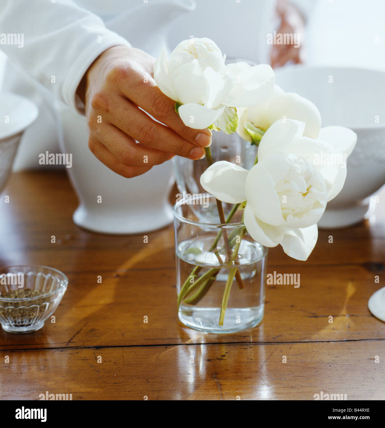 Immissione peonia fiori in un vaso sul tavolo Foto Stock