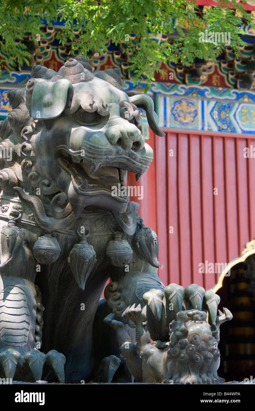 Custode cinese leone al tempio Lama a Pechino. Foto Stock