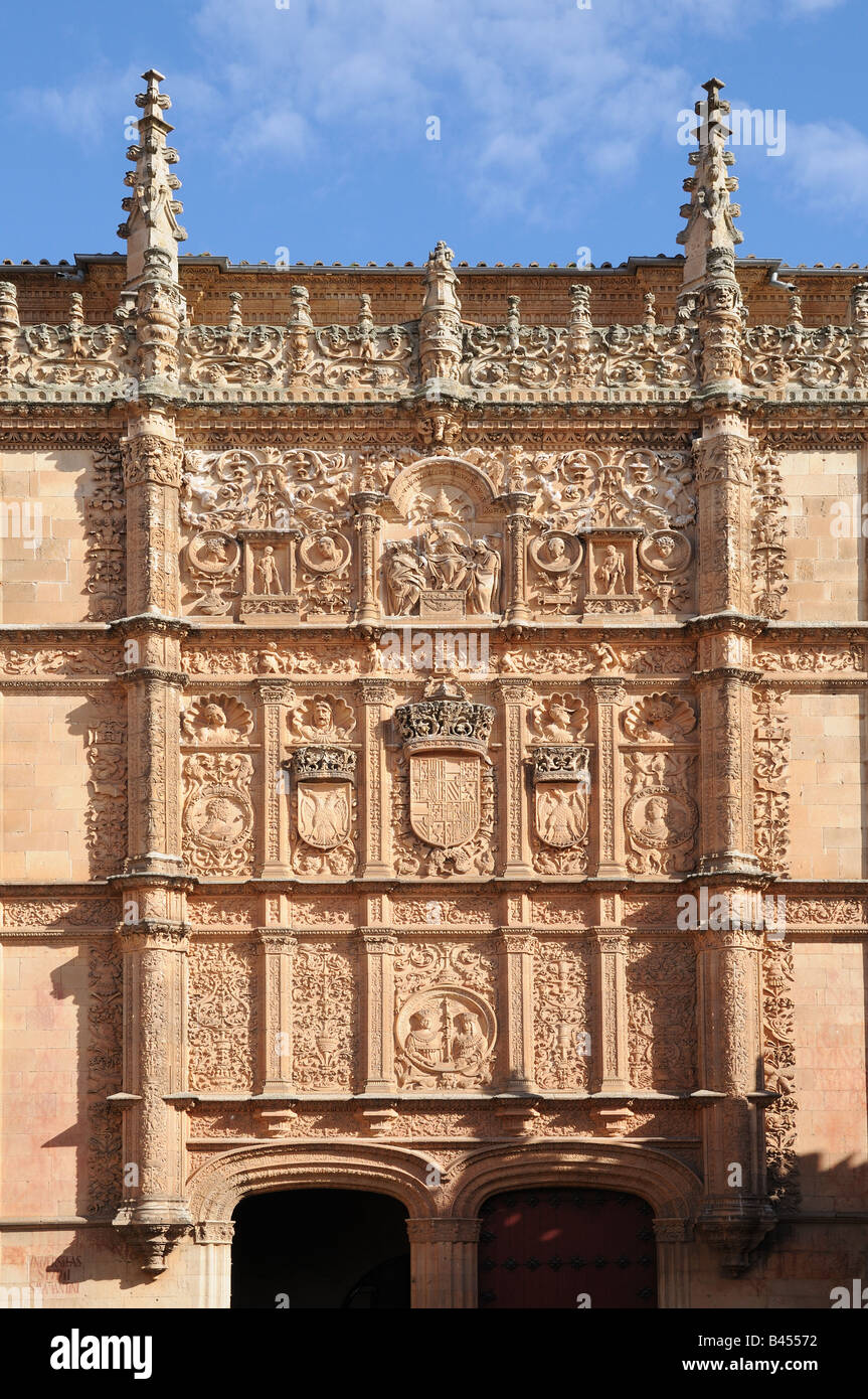 In pietra scolpita inizio 16c plateresque facciata e la porta di ingresso all università Universidad Salamanca spagna Foto Stock