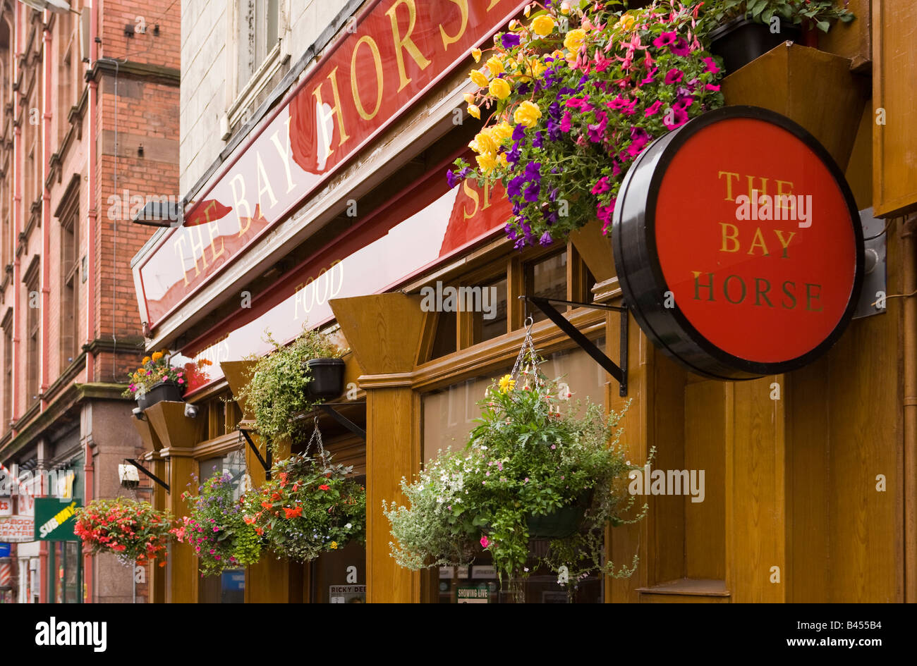 Regno Unito Scozia Glasgow Renfield Street floral nei cestini appesi fuori Bay Horse Pub Foto Stock