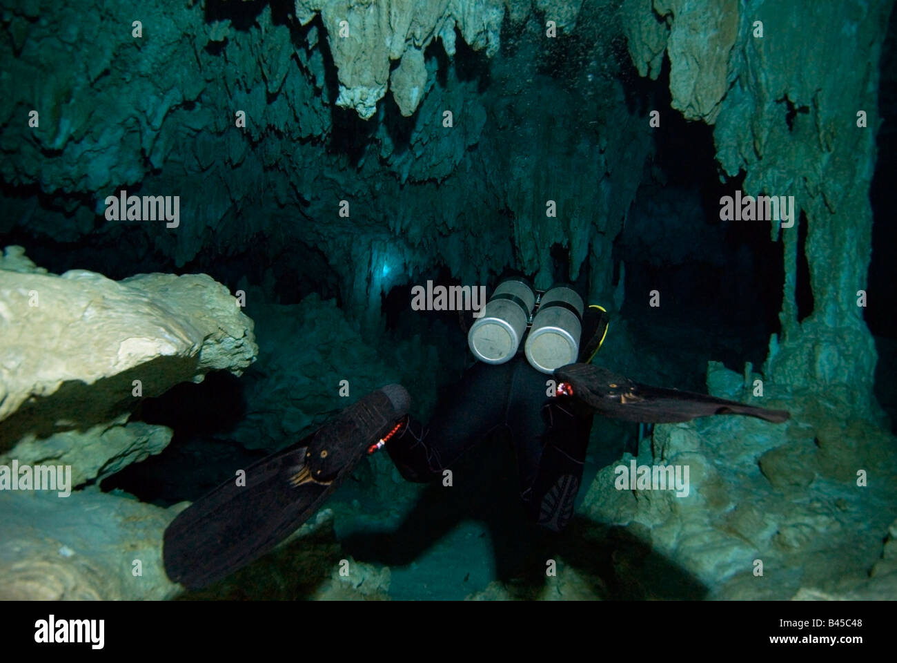 Messico, subacqueo in un cenote, vista posteriore Foto Stock