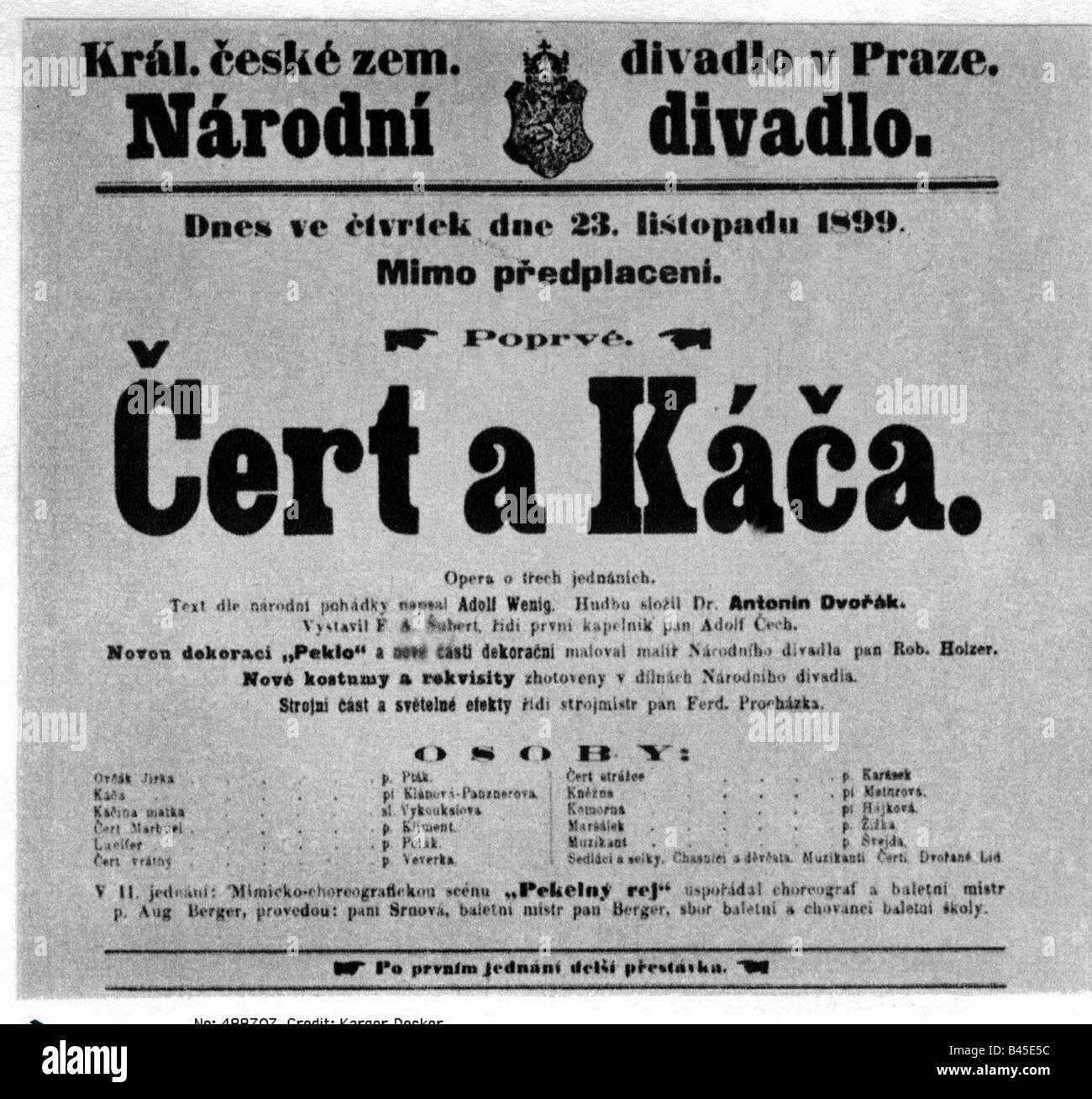 Dvorak, Antonin, 8.9.1841 - 1.5.1904, compositore ceco, poster annunciando la prima assoluta dell'opera "Il diavolo e Kate', 1899, Foto Stock