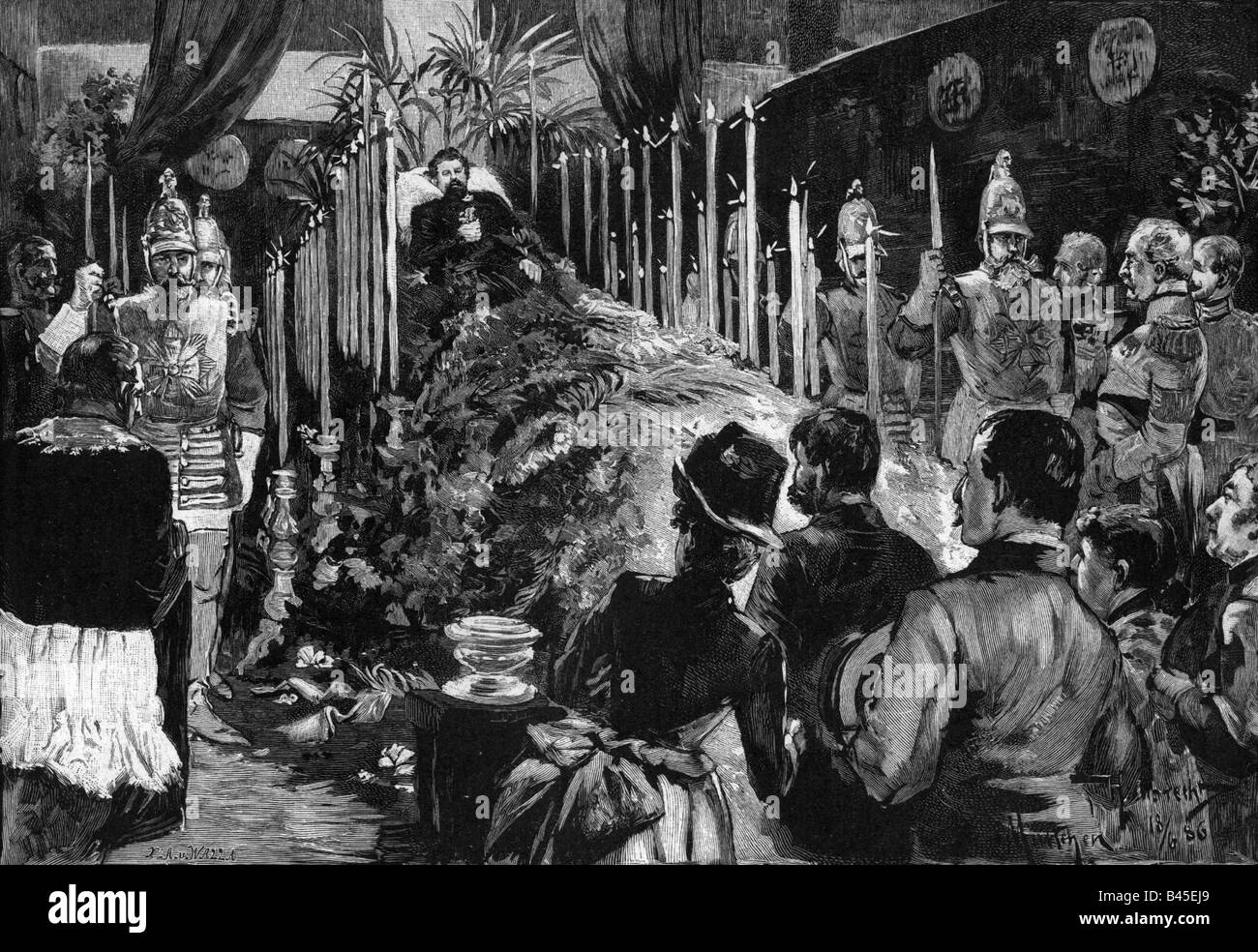 Luigi II, 25.8.1845 - 13.6.1886, re di Baviera 10.3.1864 - 13.6.1886, morte, intagliato in legno, disegno di Henry Albrecht, 1886, , Foto Stock