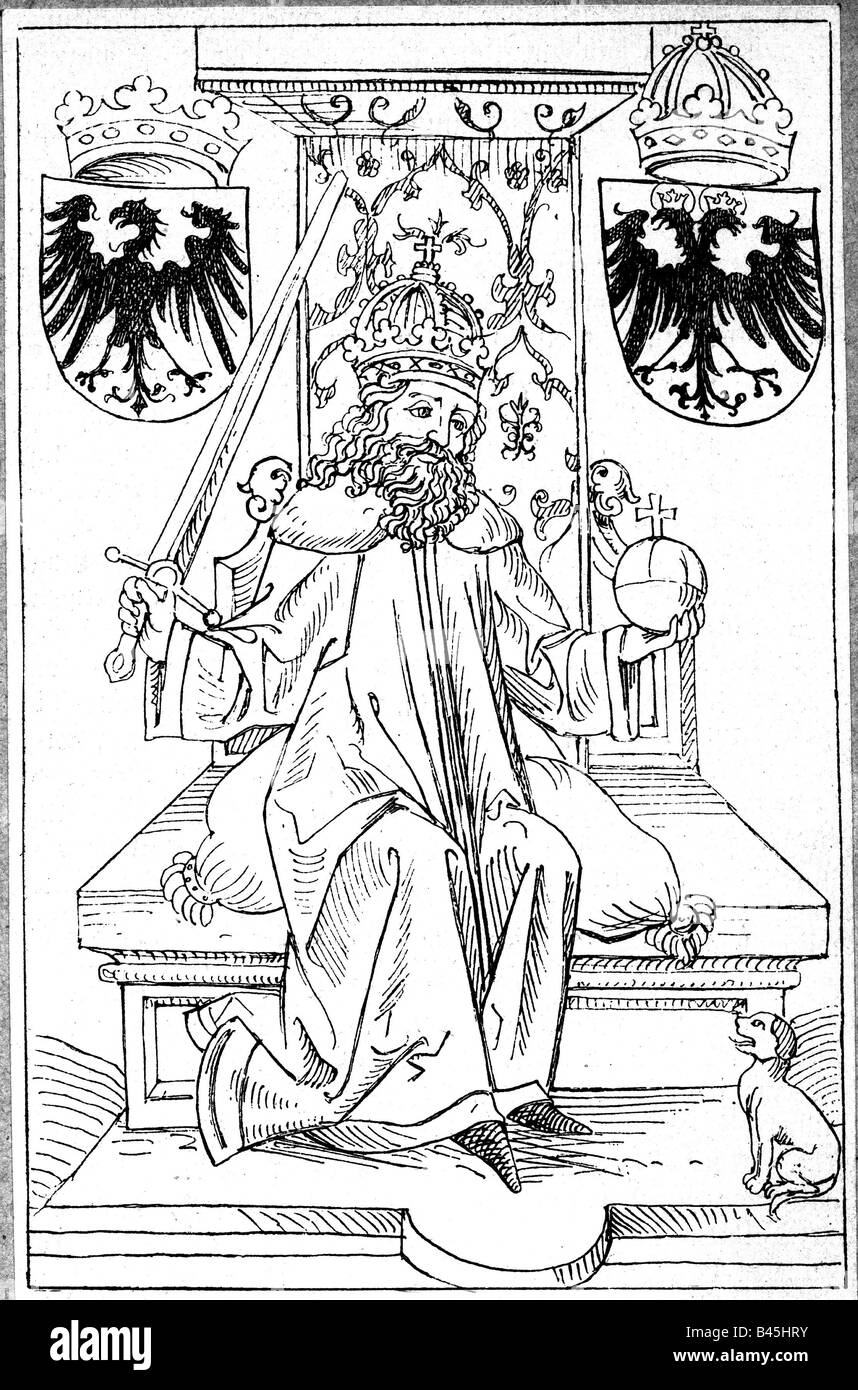 Sigismondo, 15.2.1369 - 9.12. 1437, Sacro Romano Imperatore, a lunghezza intera, ligneo, 15th secolo, libro del consiglio di Costanza, 1483, Foto Stock