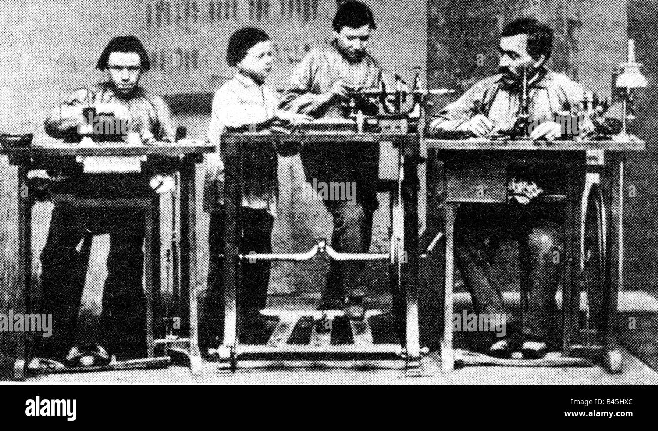 Zeiss, Carl, 11.9.1816 - 3.12. 1888, industriale e meccanista tedesco, il suo laboratorio, Jena, 1872, Foto Stock