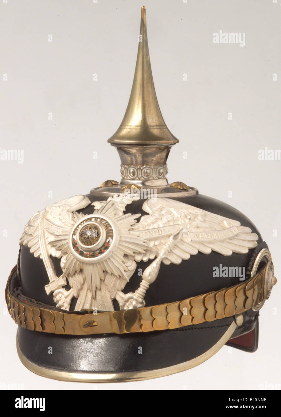 Armi/braccia, bracci di protezione, caschi, casco in pelle per ufficiali delle Guardie tedesche Pioneer Batallion, circa 1910, Pickelhaube, casco spizato, Germania, Prussia, , Foto Stock