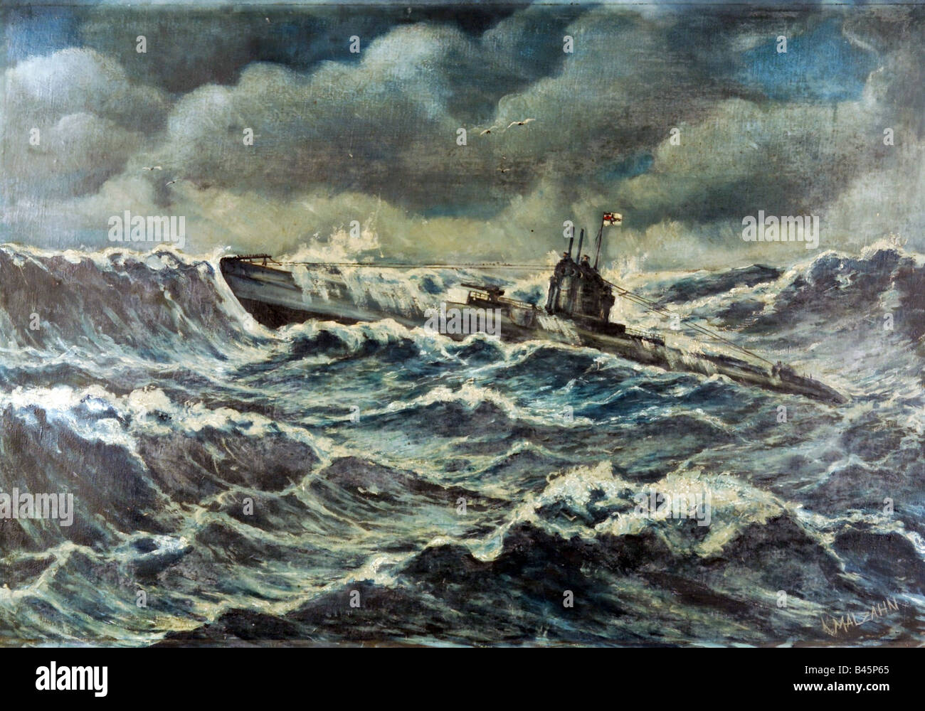 Trasporti/trasporti, navigazione, sottomarini, sottomarino in mare pesante, pittura di K. Mahlzahn, inizio 20th secolo, marina imperiale, Germania, guerra navale, , Foto Stock