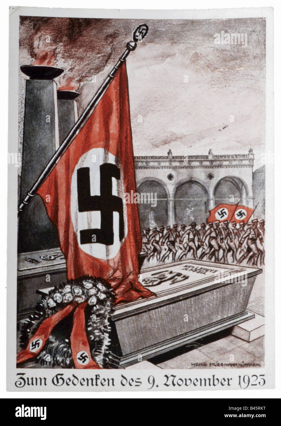 Nazismo/nazionalsocialismo, propaganda, rimeberanza alla Beer Hall Putsch 9.11.1923, disegno Di Friedmann, Monaco 1930s, 30s, Germania nazista, Terzo Reich, Foto Stock