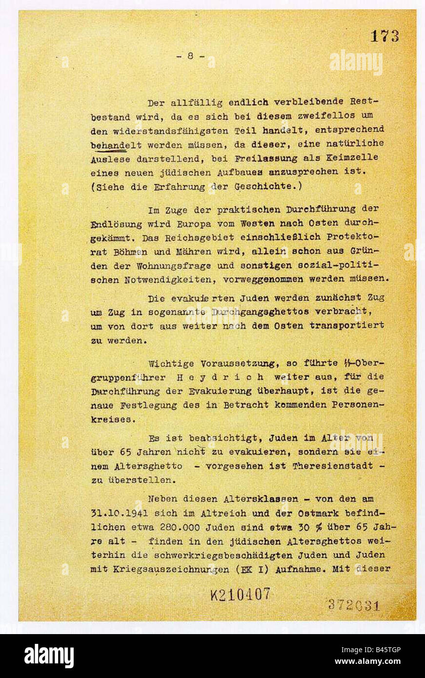 Nazionalsocialismo/nazismo, crimini, persecuzione degli ebrei, conferenza Wannsee, 20.1.1942, protocollo, pagina 8, nazista, Olocausto, documento, soluzione finale, storico, storico, 20th secolo, 1940s, Foto Stock