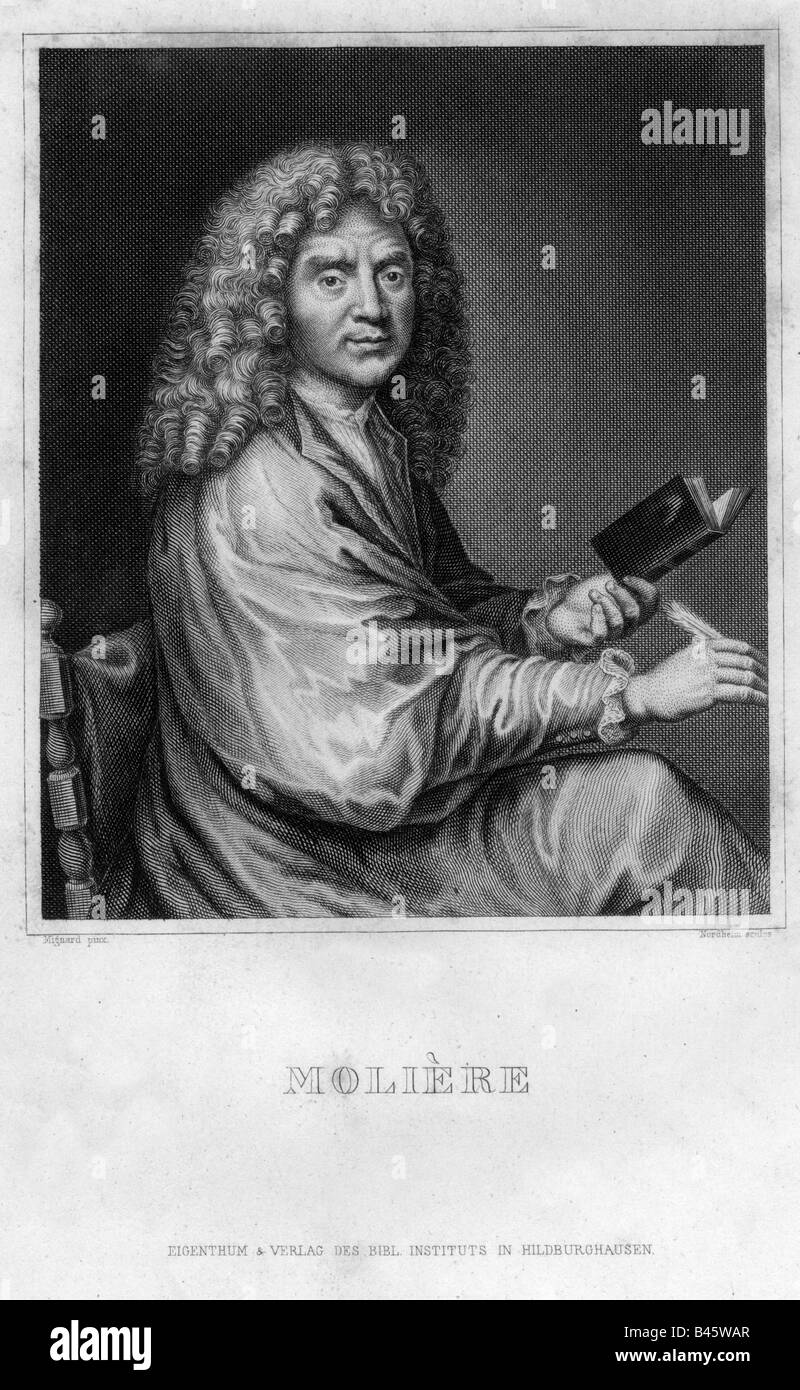 Moliere, nome di nascita di Giovanni battista Poquelin, 15.1.1622 - 17.2.1673, autore francese / scrittore e attore, , incisione, Meyers Konversationslexikon, Hildburghausen, secolo XIX, Francia, secolo XVII, letteratura, poeta, playright, teatro, commedia, seduta, parrucca e prenota, penna, Jean Baptiste, , artista del diritto d'autore non deve essere cancellata Foto Stock