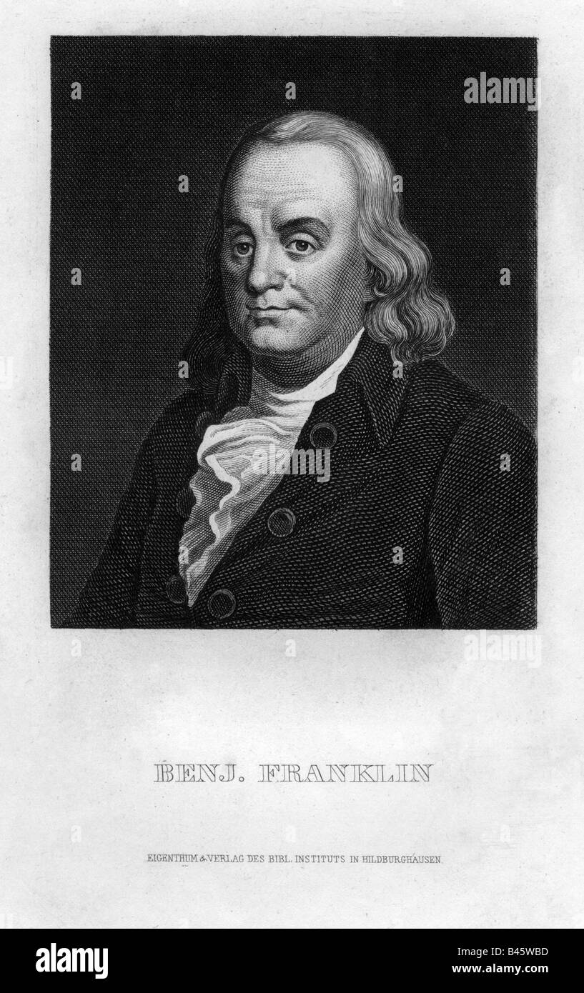 Franklin, Benjamin, 17.1.1706 - 17.4.1790, uomo politico americano, autore / scrittore e scienziato, ritratto, incisione, Meyers Konversationslexikon, Hildburghausen, secolo XIX, USA, XVIII secolo, la politica, la letteratura e la scienza, inventore, padri fondatori, , artista del diritto d'autore non deve essere cancellata Foto Stock