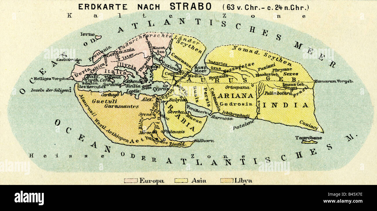 Cartografia, mappe del mondo, mappa del mondo di Strabon (circa 63 a.C. - 23 d.C.), incisione colorata, Germania, 19th secolo, Strabo, storico greco e geografo, scienza, scienze, geografia, visione del mondo, mondo antico, storico, storico, antico, Foto Stock
